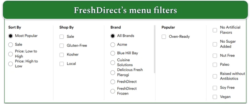 Screenshot of FreshDirect's menu filters