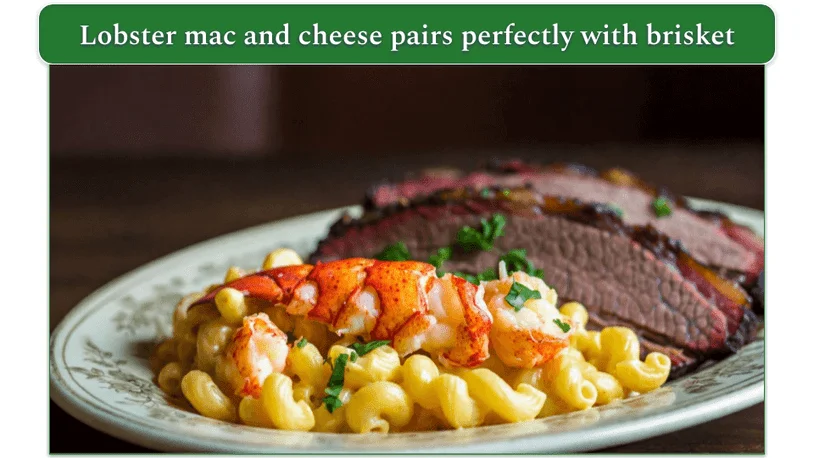 A plate of mac and cheese with lobster beside some brisket meat.