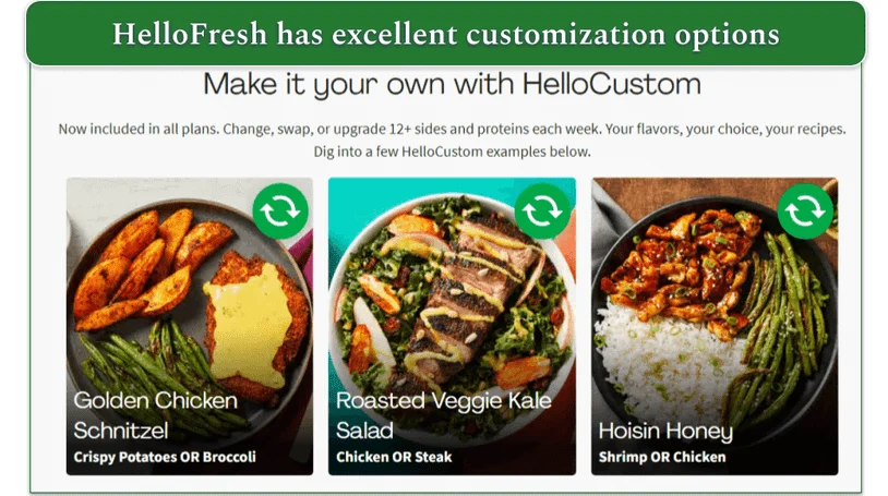 Screenshot of HelloFresh's HelloCustom feature with recipe swap options