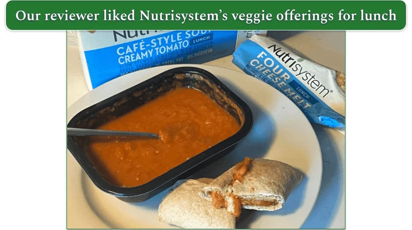 Nutrisystem tomato soup and four cheese wrap