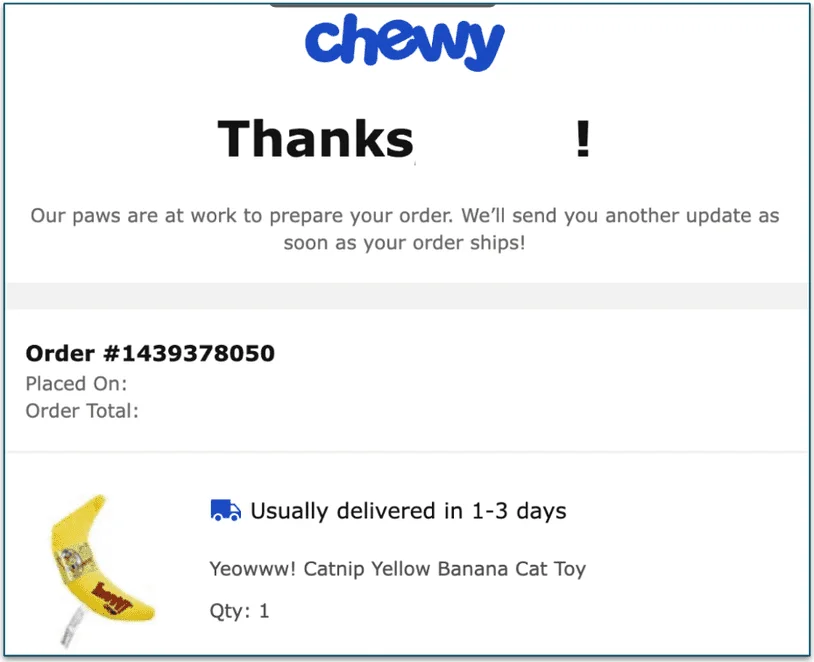 screenshot of Chewy order confirmation screen