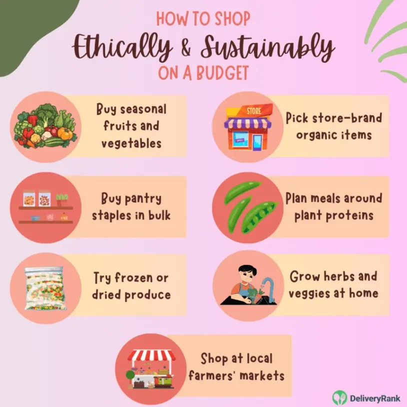 An infographic showing how to shop for ethically and sustainably sourced items on a budget.