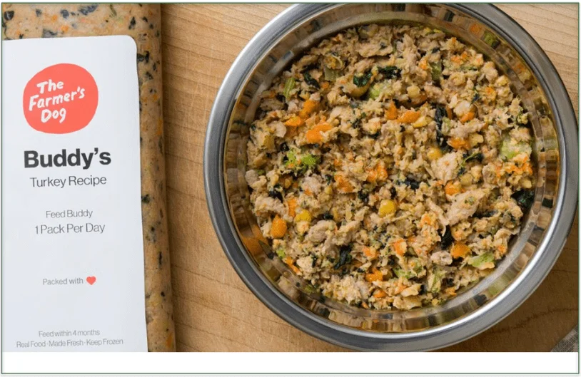 A bowl of The Farmer's Dog Turkey Recipe along with a personalized back for Buddy