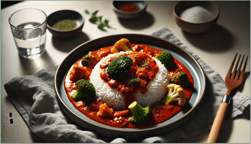 Image of red thai broccoli and cauliflower curry with jasmine rice