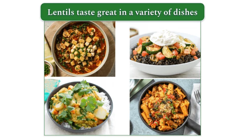 Top left: Green Chef tomato and lentil vegetable soup. Top right: Mediterranean lentil salad from Home Chef. Bottom left: Red lentil dal from Blue Apron. Bottom right: Lentil Rigatoni Bolognese from HelloFresh