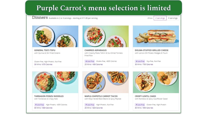 Screenshot of Purple Carrot's meal kit menu