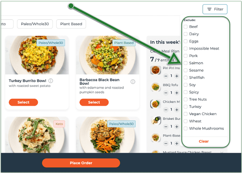 Screenshot of Trifecta's meal selection process