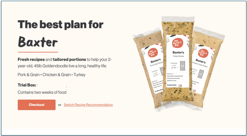 Screenshot of Baxter's meal plan pricing for The Farmer's Dog
