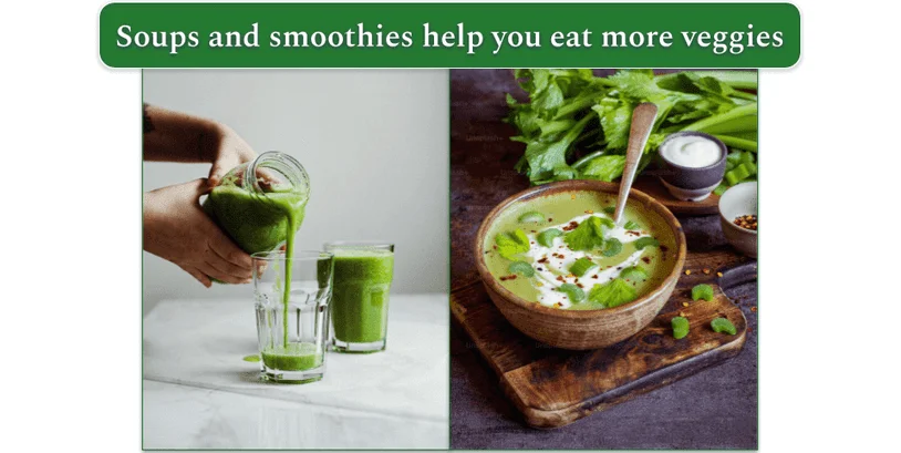 Side-by-side photos of a green smoothie and soup