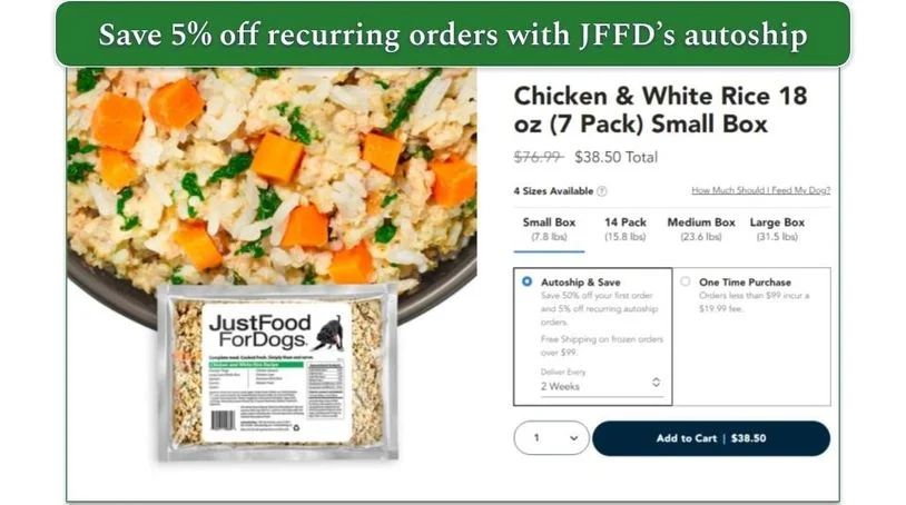 JFFD's Chicken & White Rice recipe with costs for one-time purchase and autoship