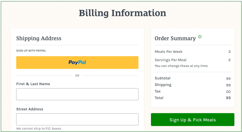 Screenshot of the billing page, which also has a PayPal option.