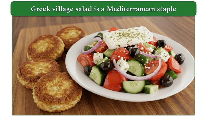  A few crab cakes on a wooden serving tray alongside a bowl of Greek village salad with tomatoes, cucumber, red onion, olives, and feta, dusted with dried oregano.