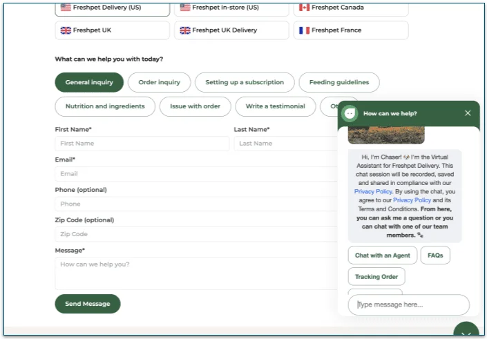 screenshot of Freshpet delivery's customer service online form with the chatbot pop-up in the corner