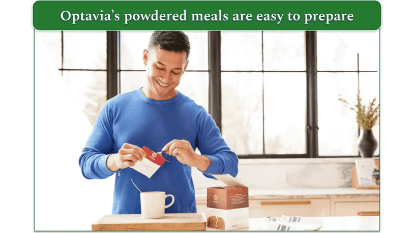 Man ripping an Optavia meal packet open to add to a mug