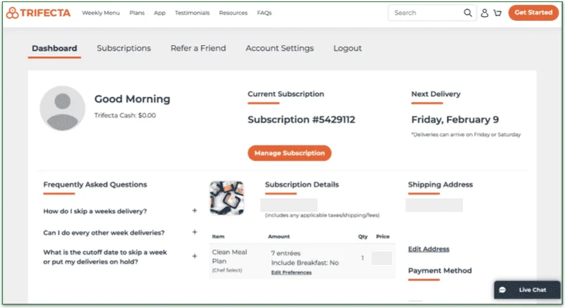 Screenshot of Trifecta's customer account dashboard with tabs for subscriptions, settings, and more