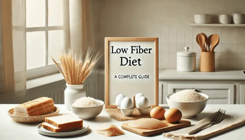 Low fiber foods on a counter with a board stating "Low Fiber Diet A Complete Guide"
