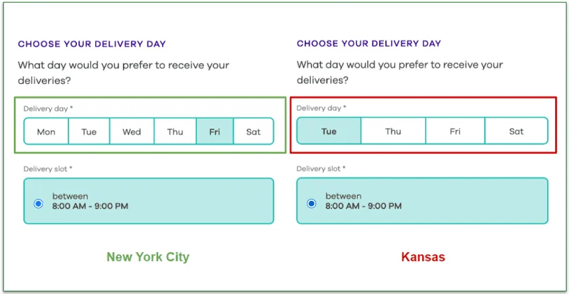 Screenshots comparing Dinnerly's delivery day options in different regions.