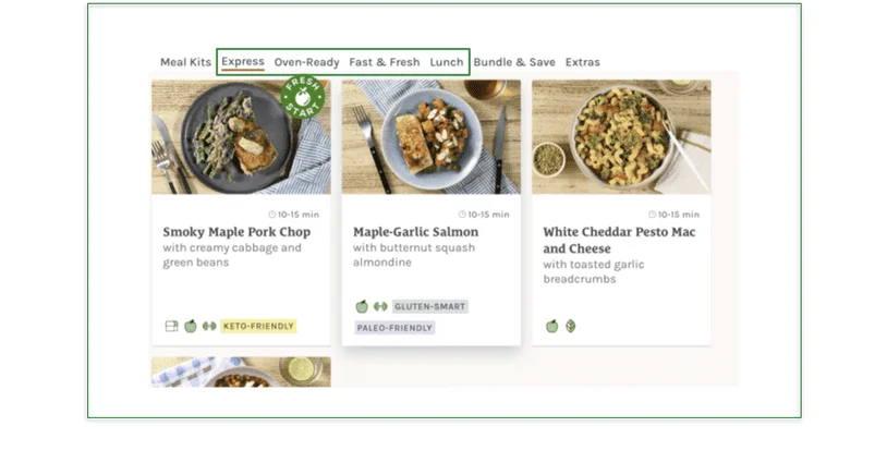 Screenshot of the Home Chef menu, with the Fresh and Easy meals marked in a green highlight box