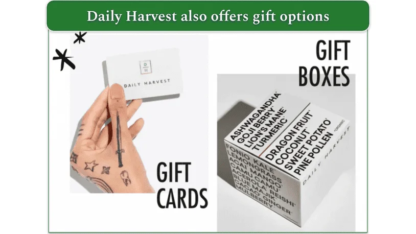 Image of a Daily Harvest gift card and a sealed gift box
