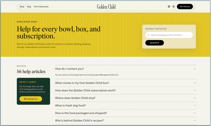 screenshot of golden child's FAQ page called concierge desk