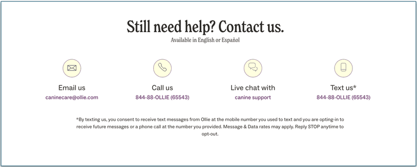 Ollie has multiple options for customer support