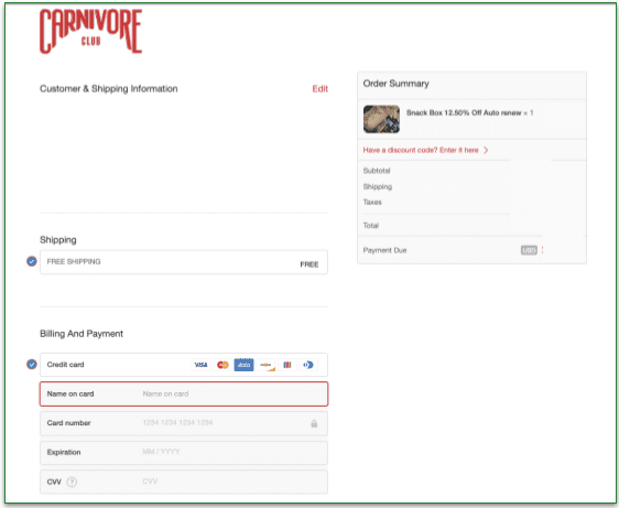 Carnivore Club's payment details page
