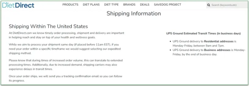 Diet Direct's shipping information page