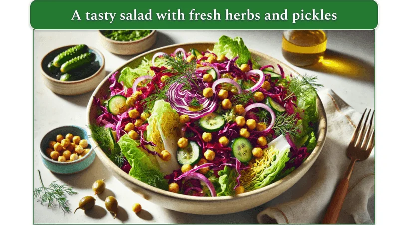 A bowl of salad with chickpeas, herbs, and pickles