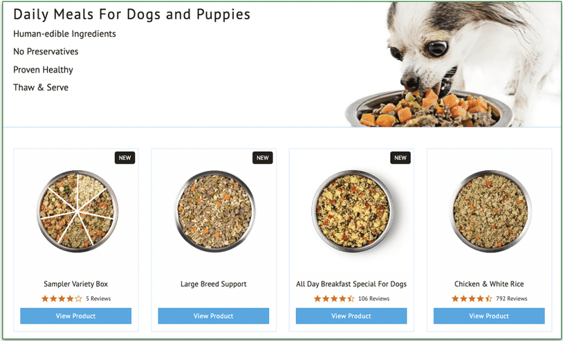 A long-haired chihuahua eating from a bowl, and pictures of some JustFoodForDogs meal options