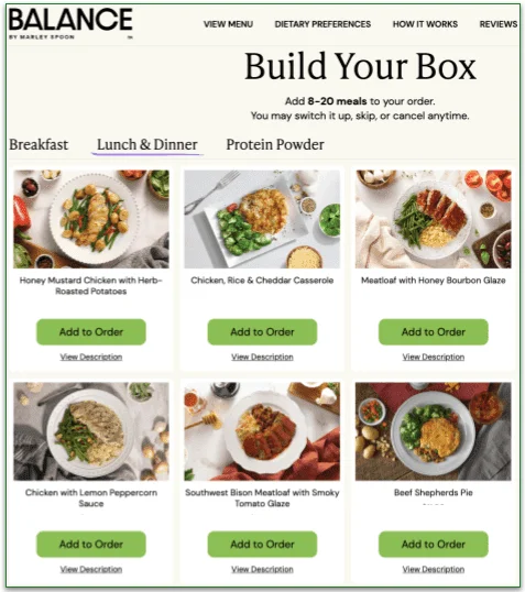 The Balance by Marley Spoon menu.