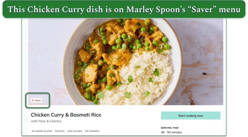 Screenshot of Marley Spoon’s Chicken Curry & Basmati Rice with saver tag highlighted