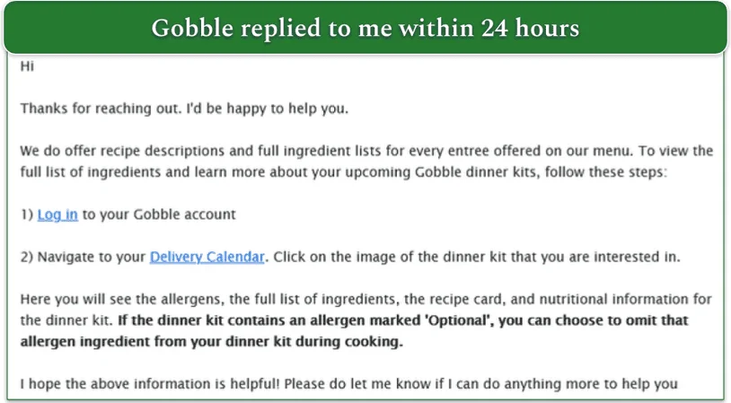 Screenshot of Gobble customer service email reply