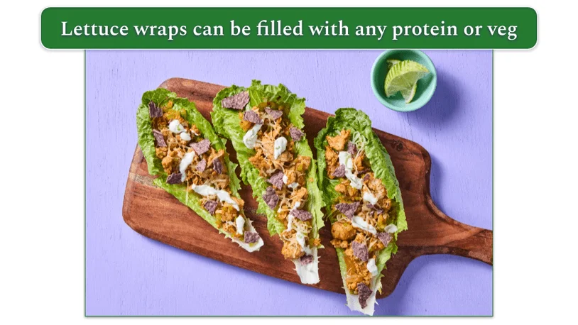 HelloFresh one-pan chicken fajita lettuce wraps with Monterey Jack, Blue Corn Tortilla Chips, and Lime Crema