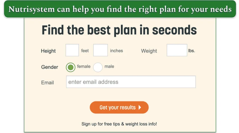 Screenshot from Nutrisystem's plan finding tool: entering some basic information will reveal your recommended plans