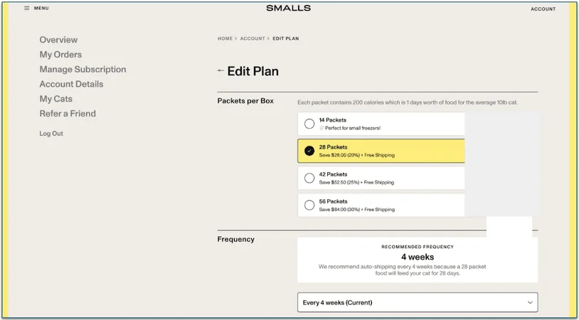 Screenshot of Smalls' account page with options to edit the amount and frequency of your cat food