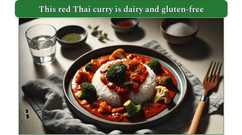 Image of red thai broccoli and cauliflower curry with jasmine rice