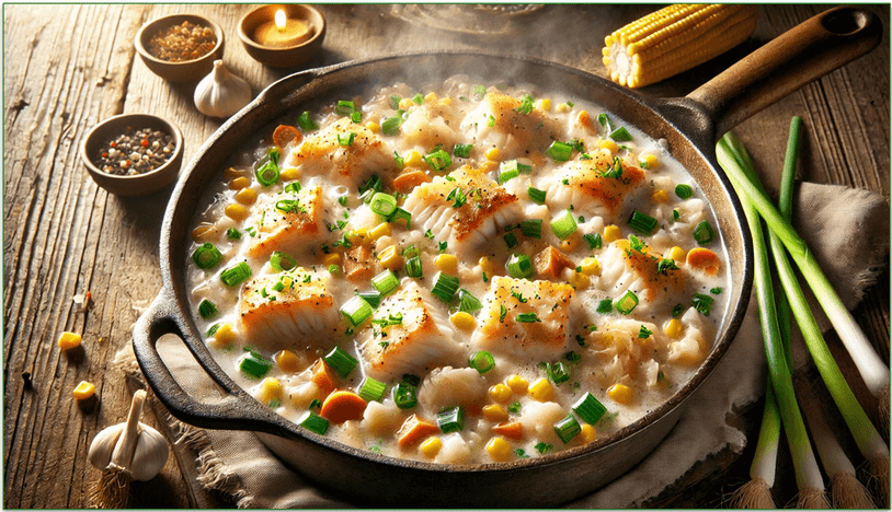 A big bowl of hot rockfish chowder