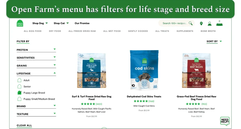 Screenshot of Open Farm’s menu sorted by Puppy Large Breed