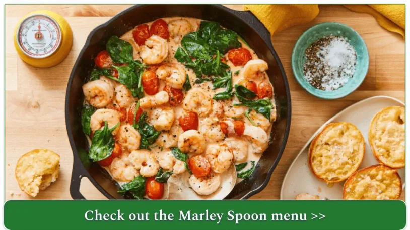 screenshot of Marley Spoon's Creamy Skillet Tuscan Shrimp with Cheesy Garlic Bread.