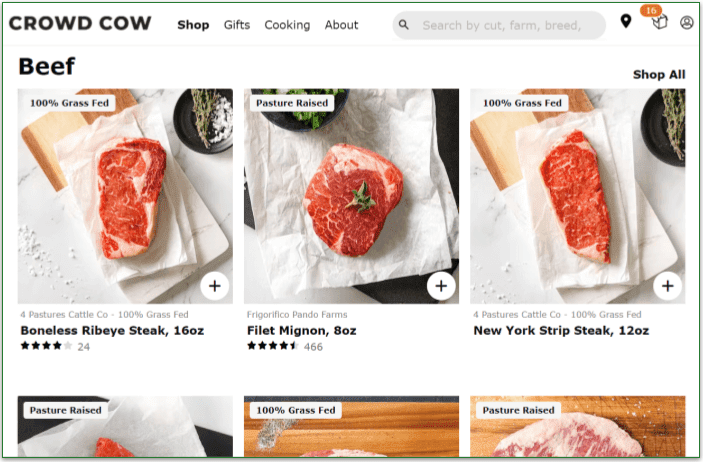 Crowd Cow's assortment of beef products