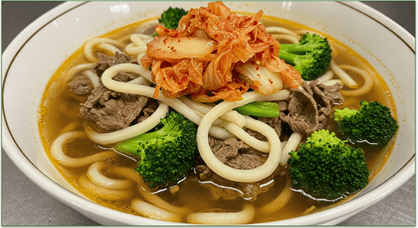 Beef and broccoli udon soup topped with kimchi.
