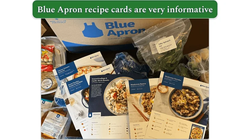 Blue Apron ingredients, all clearly labeled, with recipe cards laid out on top