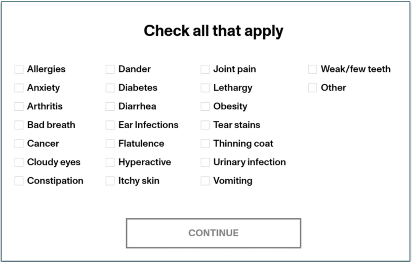 Image showing the personalization quiz from Spot & Tango and the health concerns you can select