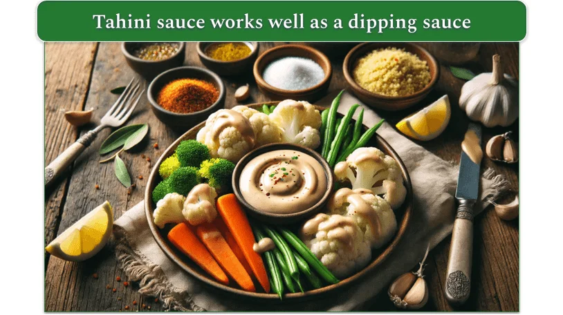 Bowl of tahini sauce surrounded by a selection of steamed vegetables