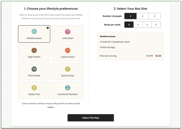 green chef sign up screen choose your lifestyle preferences and select your box size