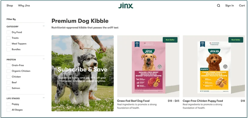 Screenshot of Jinx’s premium dog kibble shop page