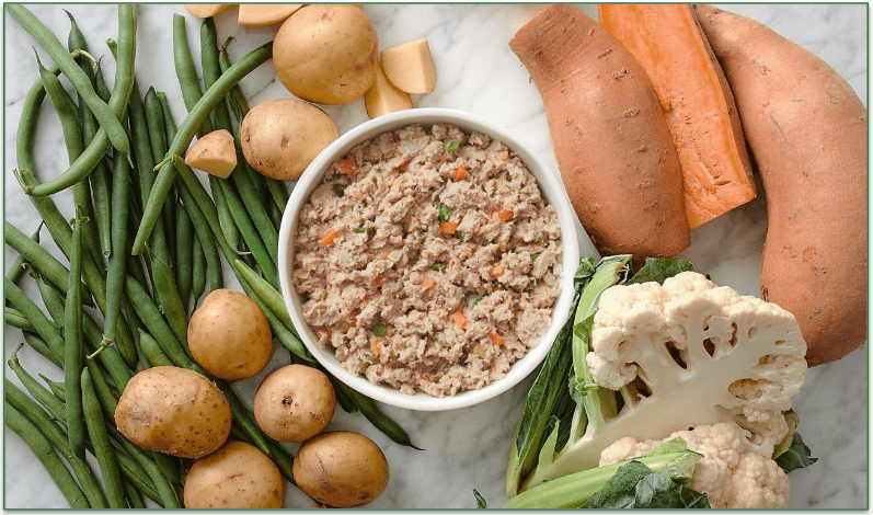 A bowl of Chicken Recipe by The Farmer's Dog along with some of the ingredients used