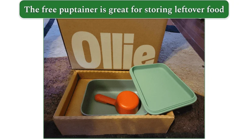 Our reviewer's image of the puptainer storage box and scoop that arrived free with their delivery