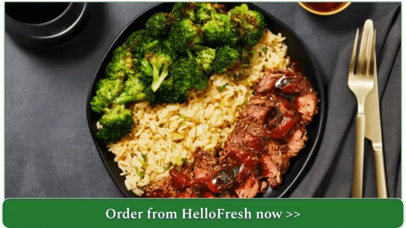 HelloFresh's Sesame Chilli Beef Tenderloin with Soy Butter Tomatoes, Garlic Broccoli, and Ginger Rice.