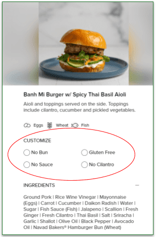 Customization options on Feast & Fettle's menu